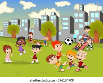 Little kids playing slide, seesaw, jump rope and soccer in the city park cartoon vector illustration