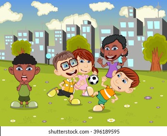 Little kids playing soccer on the city playground cartoon vector illustration