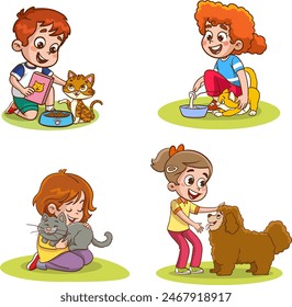 little kids playing together with cute pets
