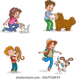 little kids playing together with cute pets