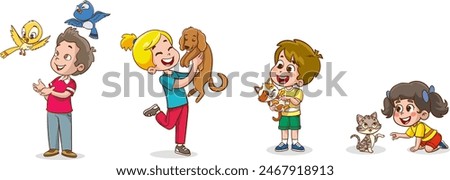 little kids playing together with cute pets