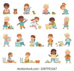 Little Kids Playing Toy in Nursery or Playroom Vector Set