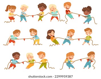 Little Kids Playing Tug of War or Rope Pulling Testing Strength Vector Set