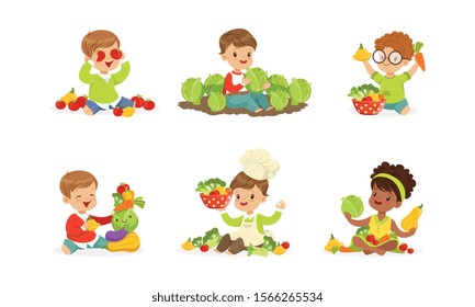 Little Kids Playing with Vegetables Vector Set