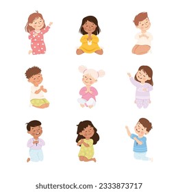 Little Kids Praying Sitting on the Floor with Bended Knees Vector Set