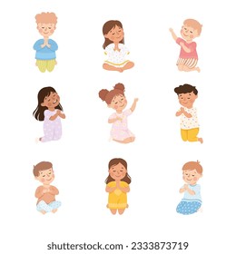 Little Kids Praying Sitting on the Floor with Bended Knees Vector Set