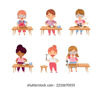 Little Kids in Protective Goggles Standing at Table Woodworking with Timber Plank Vector Set