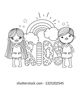 little kids with rainbow in the clouds