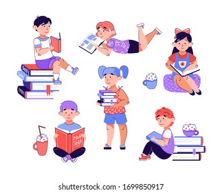 Little kids reading books - children's education set.