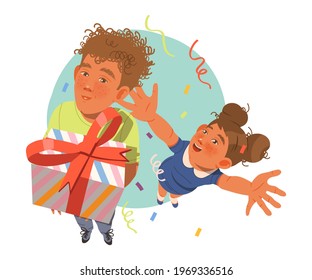 Little Kids Receiving Wrapped Gift Boxes Celebrating Special Occasion Like Birthday or Holiday Vector Illustration