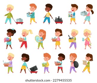 Little Kids Recycling Sorting Garbage and Waste Big Vector Set