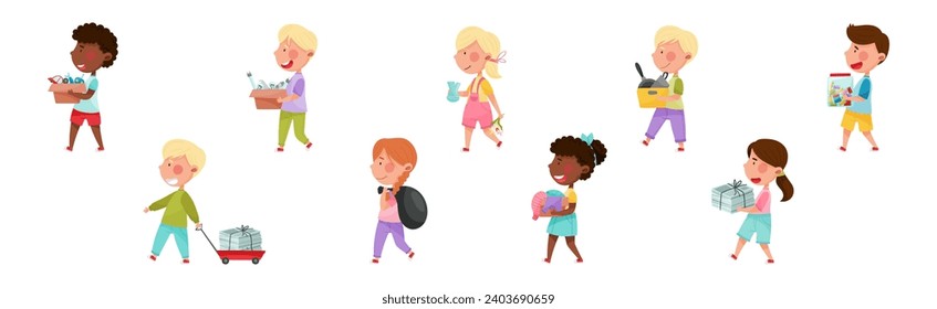 Little Kids Recycling and Sorting Garbage and Waste Vector Set