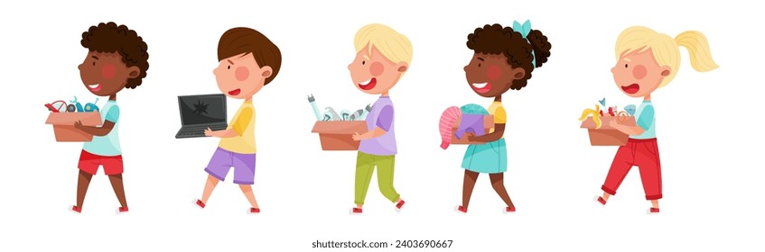 Little Kids Recycling and Sorting Garbage and Waste Vector Set