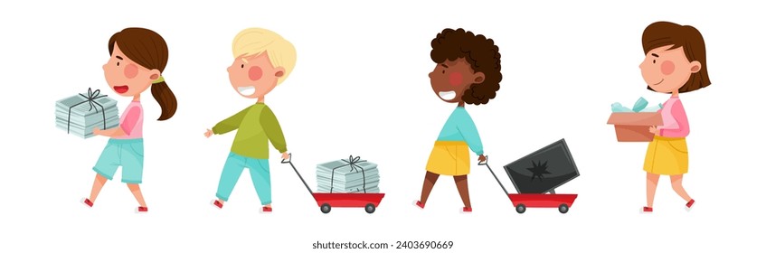 Little Kids Recycling and Sorting Garbage and Waste Vector Set