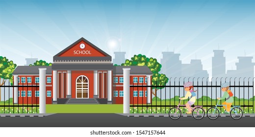 Little Kids Riding A Bicycle In Front Of School, Back To School Conceptual Cartoon Vector Illustration.