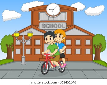 Little Kids Riding A Bicycle In Front Of Their School Cartoon Vector Illustration