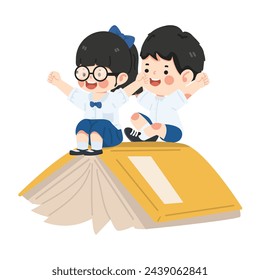 little kids riding a book and fly cartoon