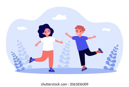 Little kids roller skating together. Girl and boy rollerblading with fun flat vector illustration. Best friend, friendship, outdoor sports concept for banner, website design or landing web page