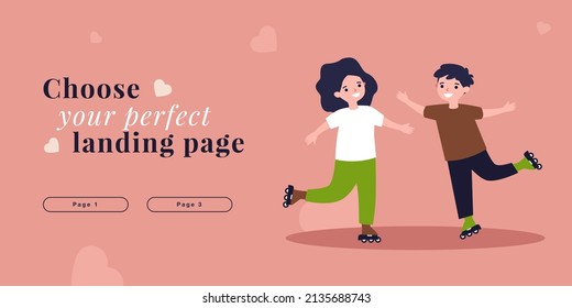 Little kids roller skating together. Girl and boy rollerblading with fun flat vector illustration. Best friend, friendship, outdoor sports concept for banner, website design or landing web page