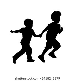 Little kids running silhouettes, children silhouettes running, happy little kid running