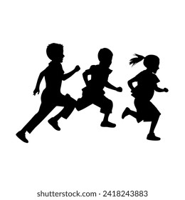 Little kids running silhouettes, children silhouettes running, happy little kid running