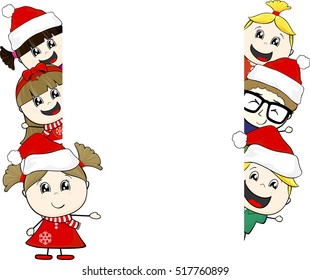 little kids with santa claus hat and blank board isolated on white background