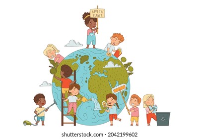 Little Kids Saving Planet Taking Care of Globe Rubbing It with Brush and Planting Trees Vector Illustration