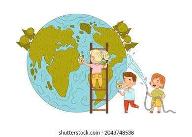 Little Kids Saving Planet Taking Care of Globe Rubbing It with Brush and Watering Plants with Hose Vector Illustration