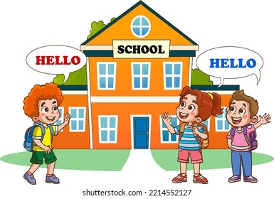 Little Kids Say Hello To Friend And Go To School Together