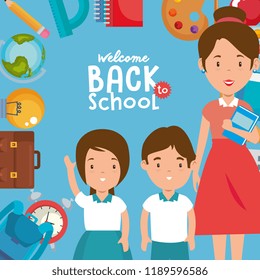 little kids with school supplies and teachers