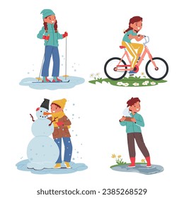 Little Kids Seasonal Activities, Boys And Girls Characters Skiing and Sculpting Snowman at Winter, Riding Bicycle at Summer, Play In Puddle at Autumn Time. Cartoon People Vector Illustration