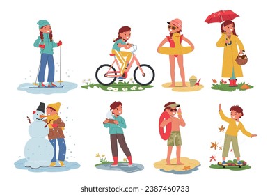 Little Kids Seasonal Activities, Boys and Girls Skiing, Riding Bicycle, Relax on Beach, Mushrooming and Sculpting Snowman. Play in Puddle and Riding Skateboard. Cartoon People Vector Illustration