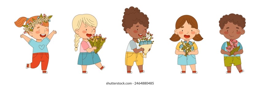 Little Kids with Seasonal Flower Bouquet Vector Set