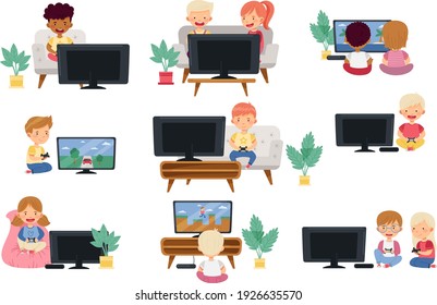 Little Kids Sitting with Gamepad and Playing Video Game Vector Set