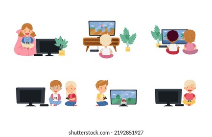 Little Kids Sitting with Gamepad and Playing Video Game Vector Set