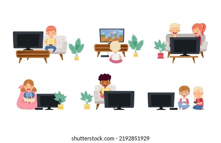 Little Kids Sitting with Gamepad and Playing Video Game Vector Set
