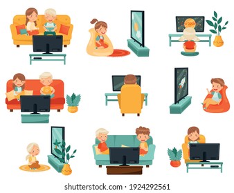 Little Kids Sitting on Sofa and Armchair Watching Cartoon Film on TV Vector Set