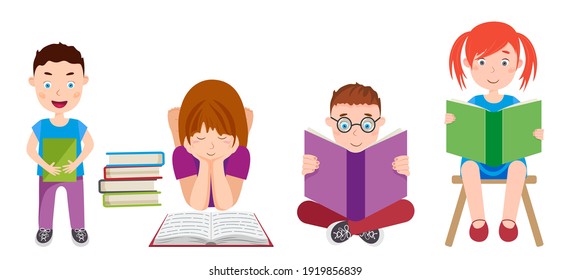 Little kids sitting and reading books. Vector illustration.