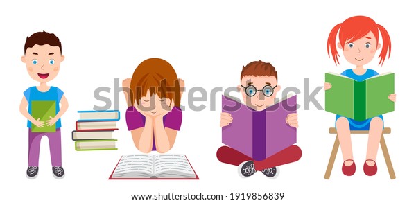 Little Kids Sitting Reading Books Vector Stock Vector (Royalty Free ...