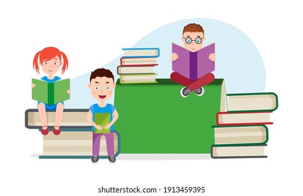 Little kids sitting and reading on a book pile. Vector illustration. 