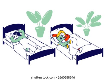 Little Kids Sleeping In Their Beds In Kindergarten Or Elementary School. Afternoon Nap Time, Kids Resting And Relaxing, Snooze In Montessori Bedchamber. Cartoon Flat Vector Illustration Linear