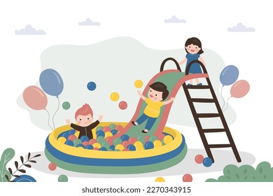 Little kids slide down slide into pool and plays with plastic balls. Children party in entertaining playroom. Colored play balls for small children. Childhood, education and imagination. flat vector