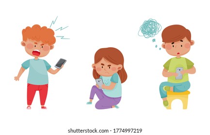 Little Kids with Smartphones and Frustrating Expression on Their Faces Vector Illustrations Set