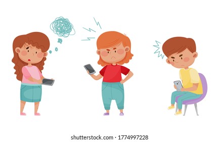 Little Kids with Smartphones and Frustrating Expression on Their Faces Vector Illustrations Set