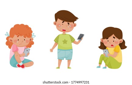 Little Kids With Smartphones And Frustrating Expression On Their Faces Vector Illustrations Set