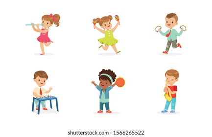 Little Kids Smiling and Playing Musical Instruments Vector Illustrations Set