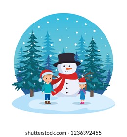 little kids with snowman in snowscape