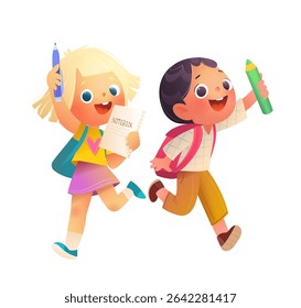 Little kids students with backpacks running back to school. Elementary school children learn to read and write. Back to school cartoon clip art. Cartoon vector children illustration for kids education