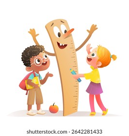 Little kids students with funny ruler character study math. Elementary school children learn to measure. Back to school cartoon clip art. Cartoon vector children illustration for kids education