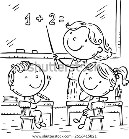 Little kids study math in class with teacher. Children learning mathematics. Outline vector illustration